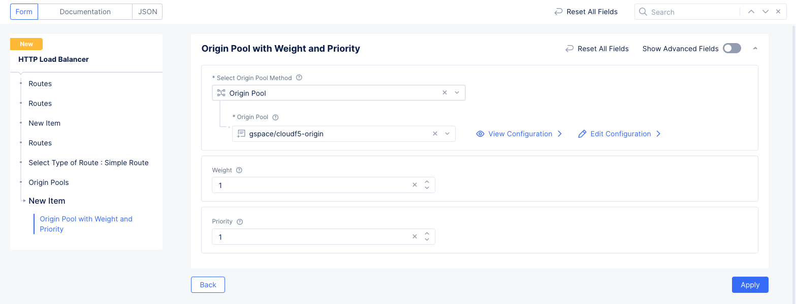 Figure: Route Origin Pool Configuration 