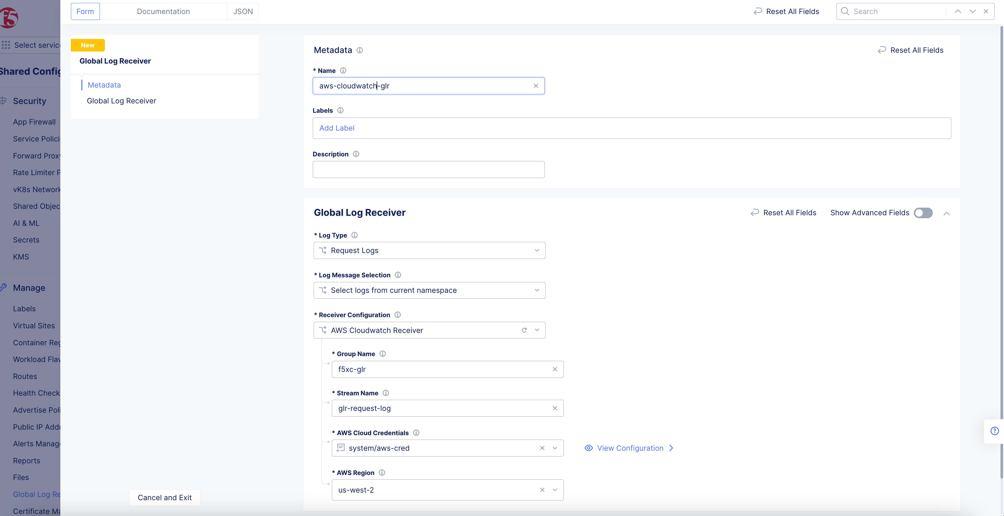 Figure: AWS Cloudwatch Global Log Receiver Configuration