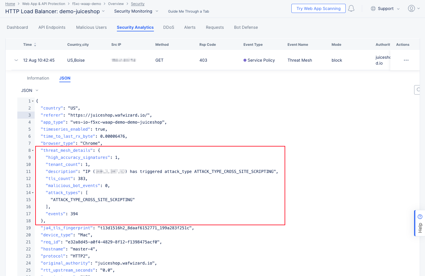Figure: Threat Mesh Event JSON